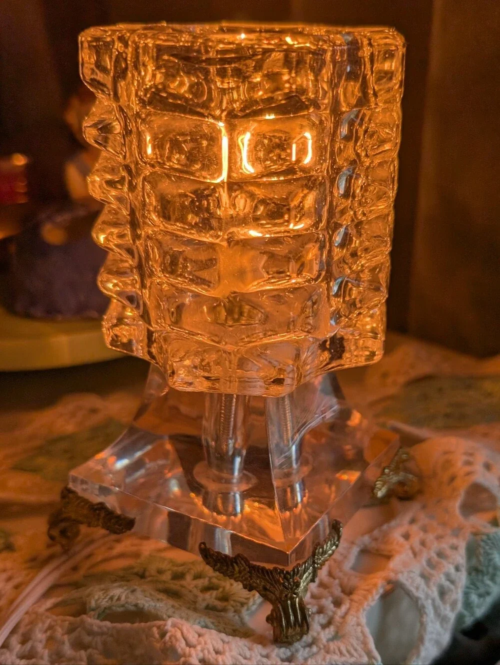 Vintage Hollywood Regency Heavy Ice Glass Accent Table Lamp with Ormolu Feet